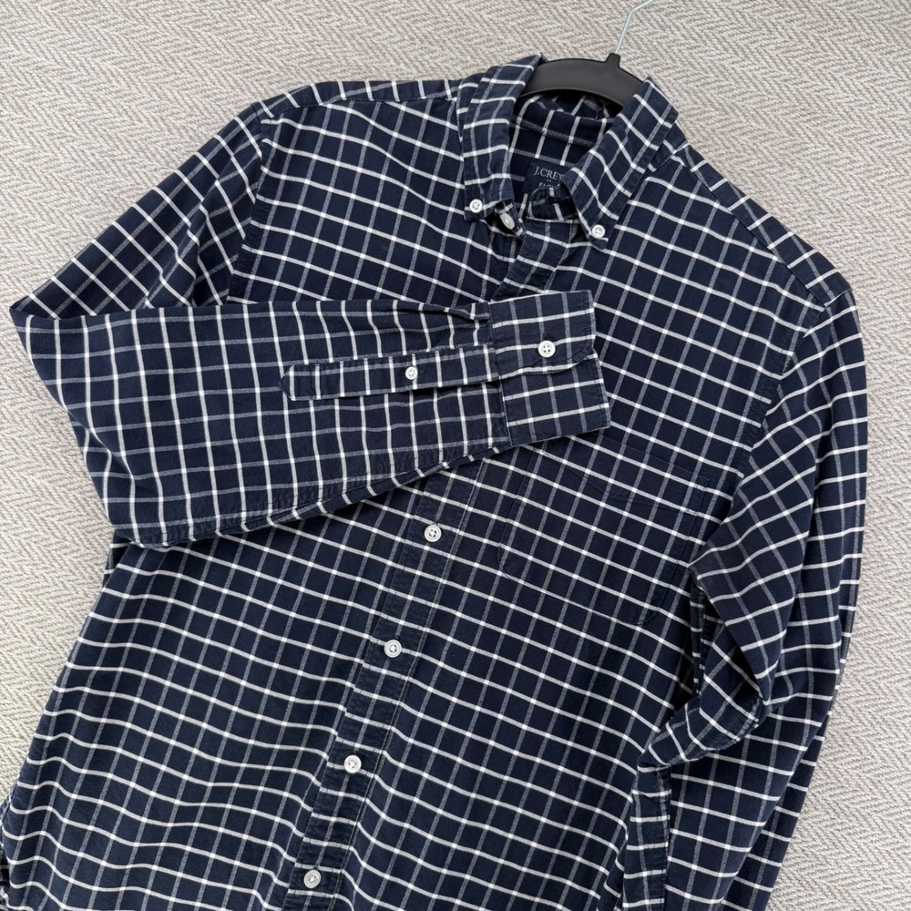 J.Crew Flex Mens Navy Blue White Windowpane Check Button Down Shirt Preppy